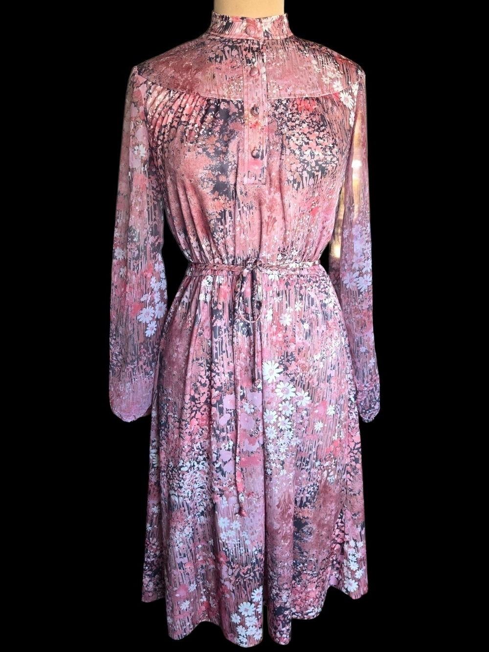 70s Vintage Lady Carol Secretary Dress With Sheer Mesh Sleeves Sz 10
